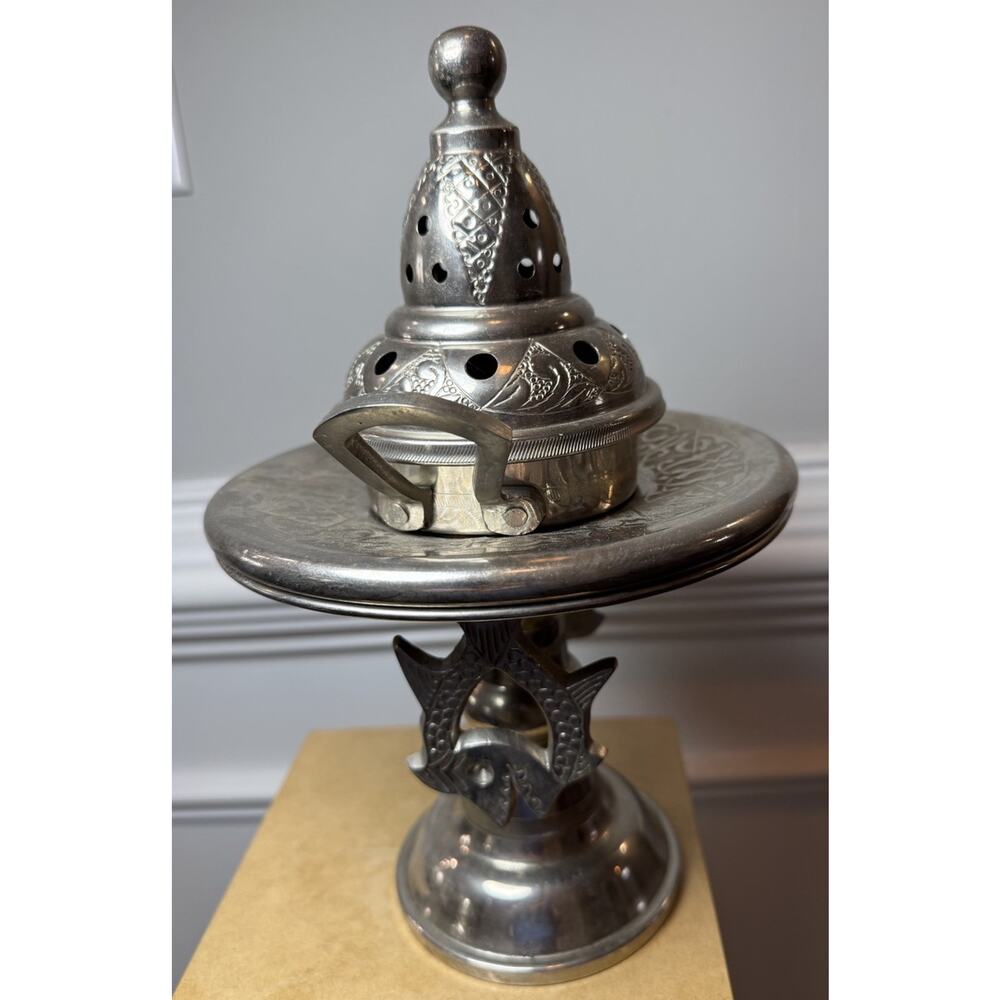 Vintage Moroccan Style Metal Incense Burner Stand 11” Pierced Lid - Picture 8 of 11